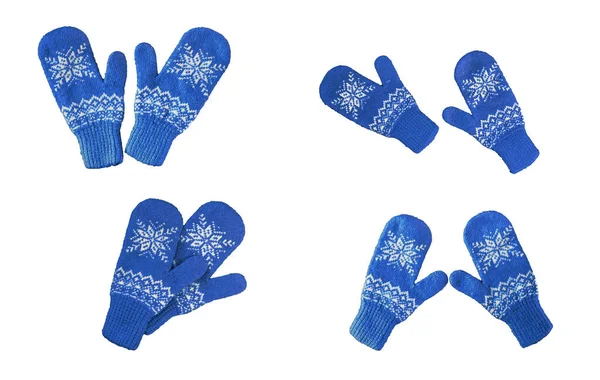 Pair of blue knitted mittens with christmas pattern isolated on — Stock Photo, Image
