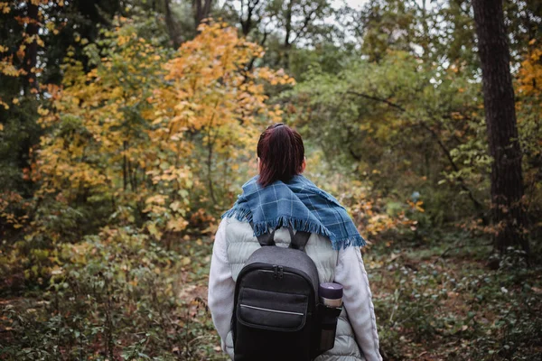 Wandelende vrouw in het herfstbos. Backpacker staat in het bos tijdens het najaar. Genieten van een wandeling in de natuur op zonnige dag — Stockfoto