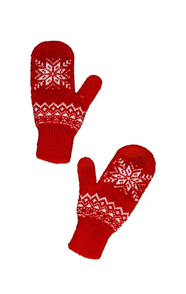 Pair of reds knitted mittens with christmas pattern isolated on — Stock Photo, Image