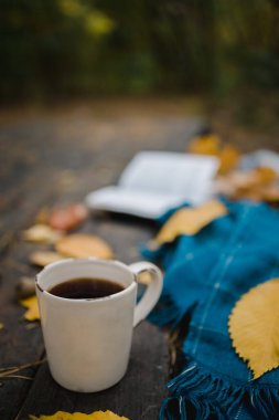 Sonbahar parkındaki eski ahşap bir masanın üzerinde açık bir kitap, mavi bir ekose, ışıklı bir çelenk, bir fincan sarı yaprak ve sos konisi bulunur. Üst manzara, bulanık. Sonbahar ılık karanlık ruh hali, yumuşak odaklanma.