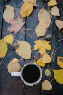 Sonbahar parkındaki eski ahşap bir masanın üzerinde çay, kahve, dağınık sarı yapraklar ve çam kozalakları olan bir fincan var. Üst manzara, bulanık. Sonbahar ılık karanlık ruh hali, yumuşak odaklanma.