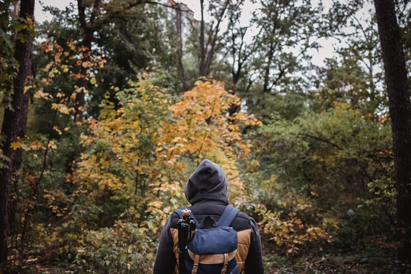 Un jeune homme avec un sac à dos dans le chapeau, voyageur, hipster debout dans les bois, randonnée, forêt, voyage. — Photo
