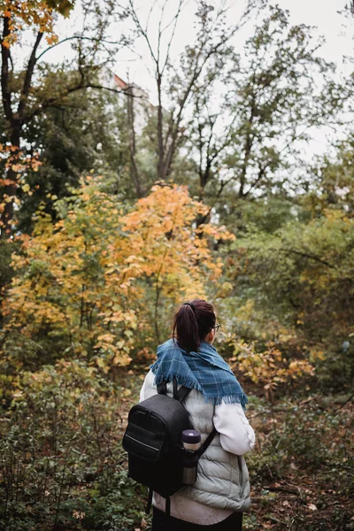 Wandelende vrouw in het herfstbos. Backpacker staat in het bos tijdens het najaar. Genieten van een wandeling in de natuur op zonnige dag — Stockfoto