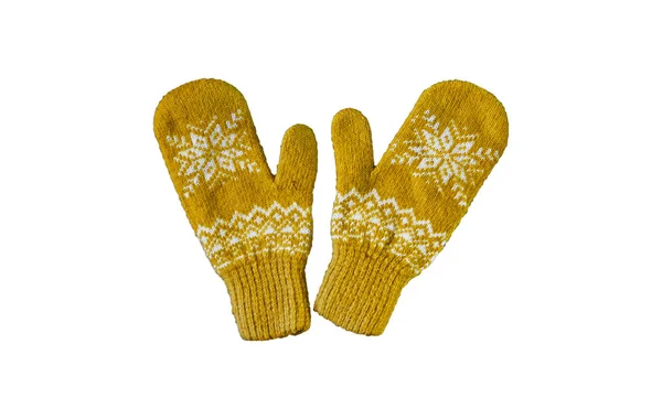 Pair of yellow orangeknitted mittens with christmas pattern isolated on — Stock Photo, Image