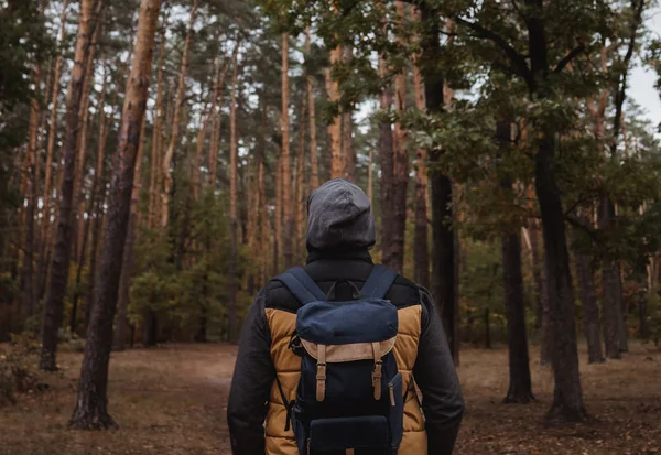 Een jongeman met een rugzak in de hoed, reiziger, hipster in het bos, Wandelen, Bos, Reis. — Stockfoto