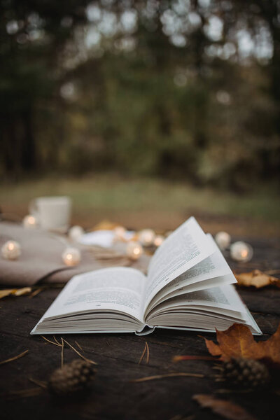 On an old wooden table in an autumn park lies an open book, a plaid, a garland with lights, a cup of yellow leaves and sos cones. Top view, in blur. Autumn warm dark mood, soft focus.