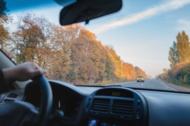 Sonbahar sarı-turuncu yolda araba kullanan bir adam. Bir elin yakın çekim