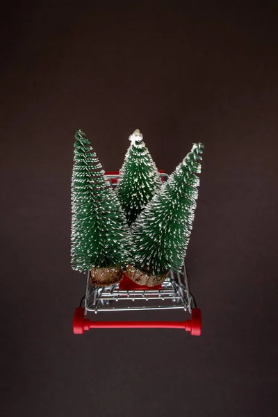 Bovenaanzicht van een boodschappenkarretje met besneeuwde kerstbomen op een donkere achtergrond met kopieerruimte voor tekst. Het appartement loog. Winter, ansichtkaart template. — Stockfoto