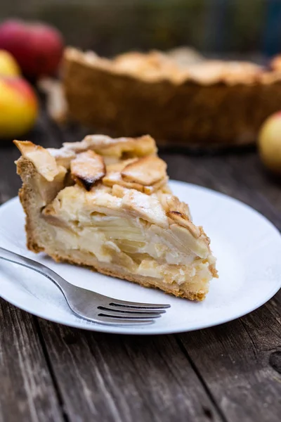 Manzana americana Tsvetaevsky jellied pedazo de pastel abierto en un plato, primer plano, sobre un fondo de madera oscura. Puesta plana — Foto de Stock