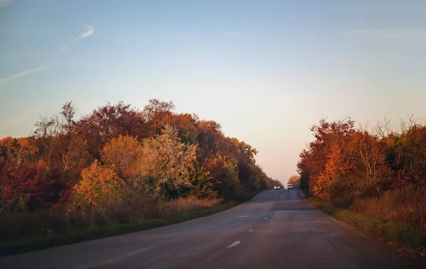 Autumn evening highway-highway along which cars and truck wagons ride along yellow trees — Stock Photo, Image