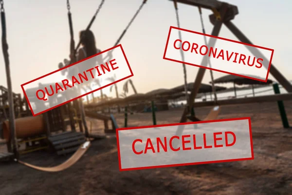 Crisis in the tourism industry due to outbreaks of coronavirus. Stopped traveling, red stamp text. Cancelled, quarantine text on a tropical resort with palm trees, pool, water slides, entertainment