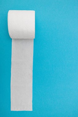 Mavi arka planda bir rulo beyaz tuvalet kağıdı. Yukarıdan bak. Boşluğu kopyala.