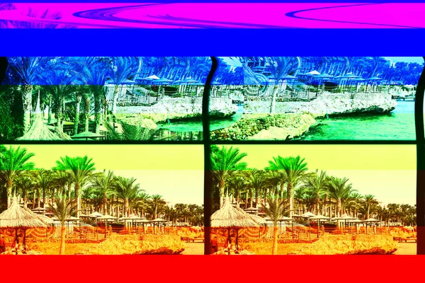 Paisagem praia, palmeiras, mar com um efeito de falha da velha televisão . — Fotografia de Stock