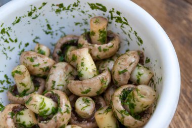 Bir kasede çiğ mantar şampiyonları salamurada otlarla birlikte, dereotlu ve sade doğal bir şekilde. Yukarıdan görüntüle