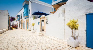 Geleneksel eski boyanmış kapı tarihi bir bölgede ya da Medine, Tunus 'ta. Müslüman mimarisinin renkli desenli görüntüsü, Hammamet Tunus, 22.06.2019