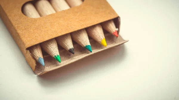 Multi Colored Pencils Open Brown Box — Stock Photo, Image