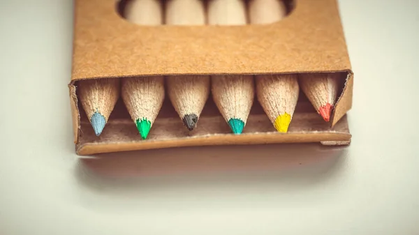 Multi Colored Pencils Open Brown Box — Stock Photo, Image