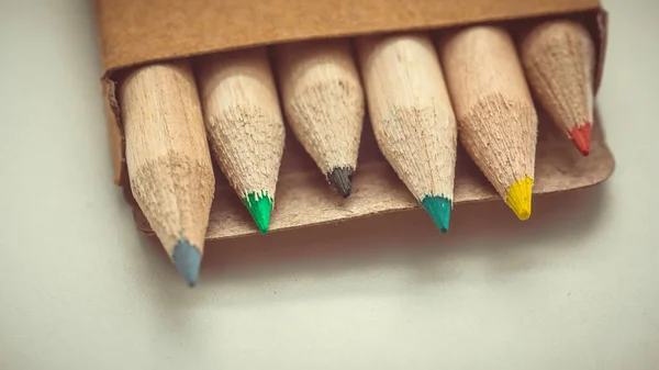 Multi Colored Pencils Open Brown Box — Stock Photo, Image