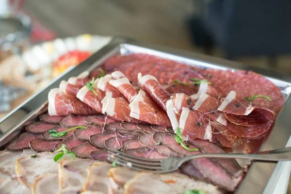 Placa com vários tipos de carne. salame — Fotografia de Stock