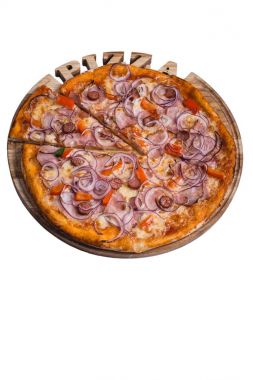 Biber soğan sosis ve jambon ile İtalyan pizza cesare. Pizza menüleri için farklı türde bir açıdan bir dizi
