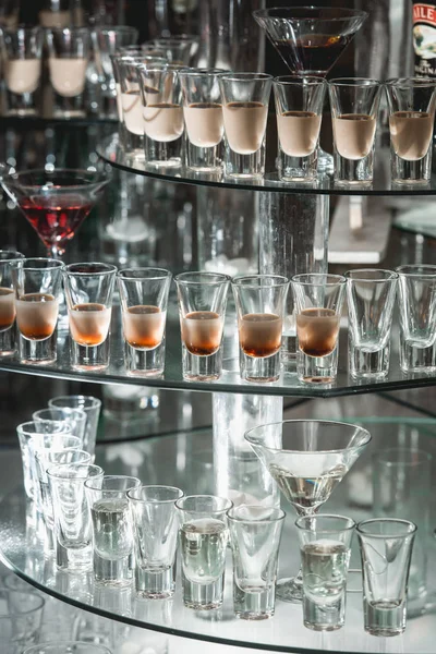 Diferentes bebidas alcohólicas en un soporte de vidrio. vino, champán, coñac, vodka, martini — Foto de Stock