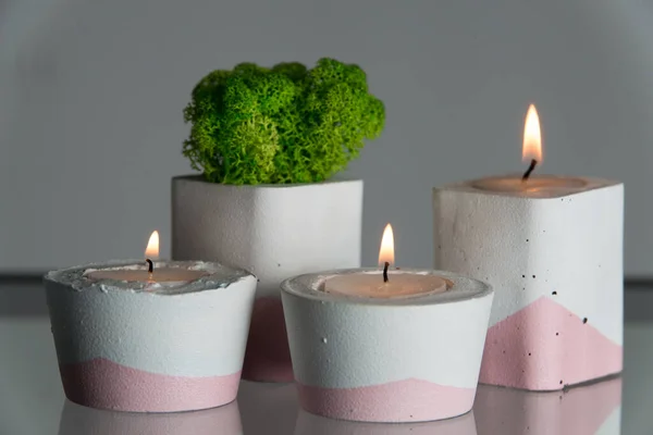Candles Moss White Pink Concrete Candle Holders — Stock Photo, Image