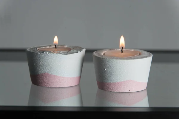 Two Candles White Pink Concrete Candle Holders — Stock Photo, Image