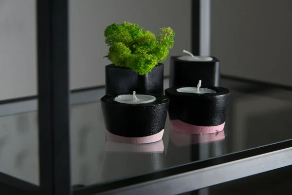 黑色和粉色混凝土烛台中的蜡烛和苔藓 — 图库照片