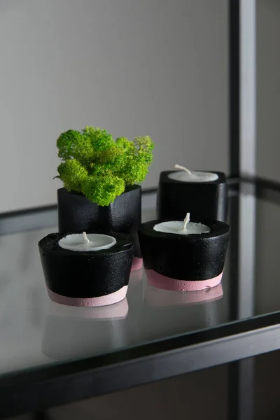 Candles Moss Black Pink Concrete Candle Holders — Stock Photo, Image