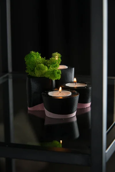 Candles Moss Black Pink Concrete Candle Holders — Stock Photo, Image
