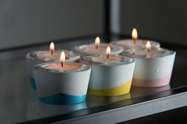 Candles Differen Colours Concrete Candle Holders — Stock Photo, Image