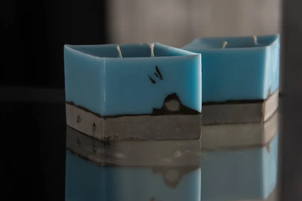 Blue Candle Gray Concrete Base — Stock Photo, Image