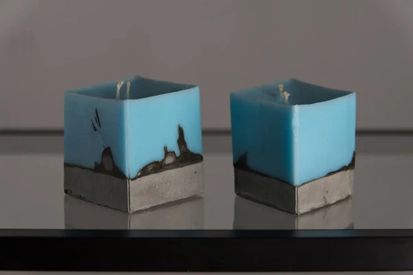 Blue Candle Gray Concrete Base — Stock Photo, Image