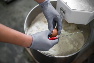 Kadın imalatta hamuru profesyonel yoğurucu makinesiyle karıştırıyor..