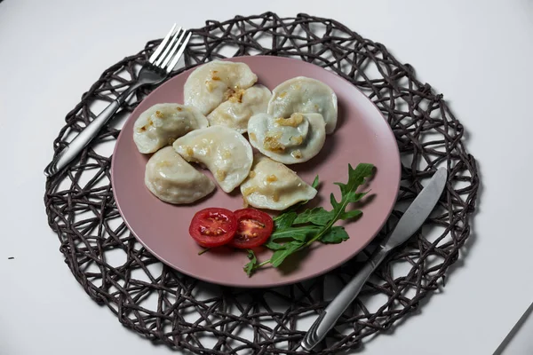 Albóndigas Con Patatas Cebolla Frita Plato Tradicional Ucraniano Casero Varenyky —  Fotos de Stock