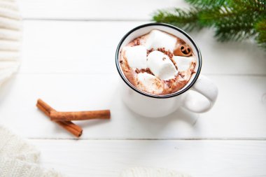 Bir seramik kupa, ekose ve cinn marshmallow ile sıcak çikolata