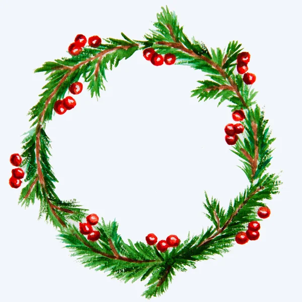 New year and Christmas wreath - fir tree and mistletoe on white — Stock Photo, Image