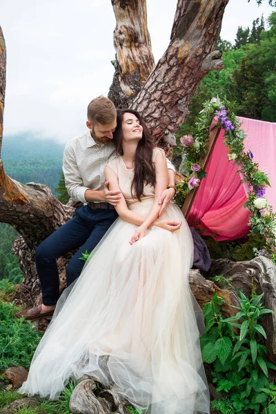 Braut und Bräutigam über die Natur in den Bergen, Kunsthochzeit — Stockfoto