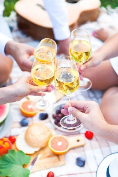 Yeşil çimenlerin üzerinde yaz piknik sepeti. Yiyecek ve içecek konsepti.