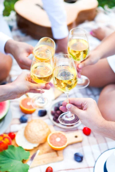 Yeşil çimenlerin üzerinde yaz piknik sepeti. Yiyecek ve içecek konsepti.