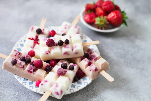 Summer fruits and berry homemade lolly pops ice cream. Group of