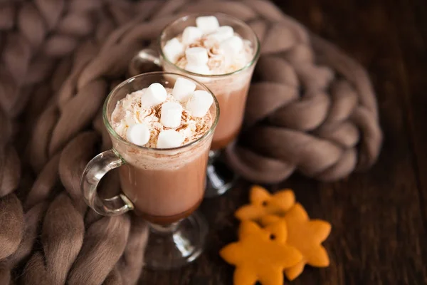 Two glasses with Hot chocolate garnished with whipped cream, mar — Stock Photo, Image
