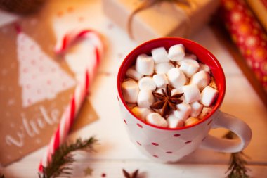 Bir fincan sıcak çikolata meşrubatını da. Kakao Marshmallows ve tarçın ile