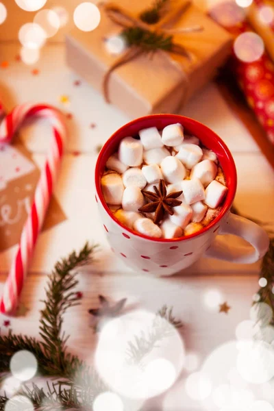Cup of hot Chocolate drink. Cocoa with Marshmallows and cinnamon