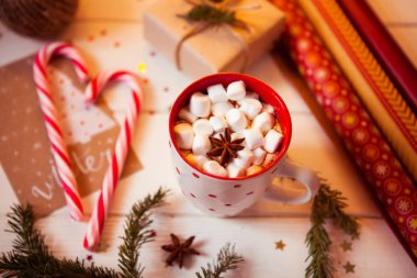 Bir fincan sıcak çikolata meşrubatını da. Kakao Marshmallows ve tarçın ile
