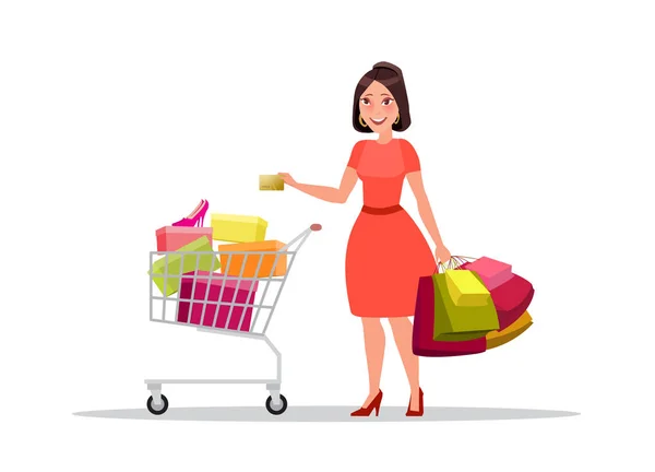 Happy shopping meisje of vrouw met tassen. Grote verkoop. — Stockvector