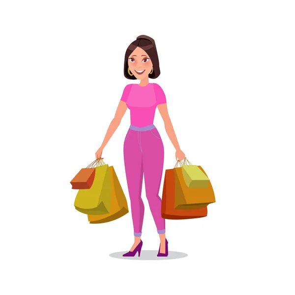 Feliz chica de compras o mujer con bolsas. Venta grande . — Vector de stock