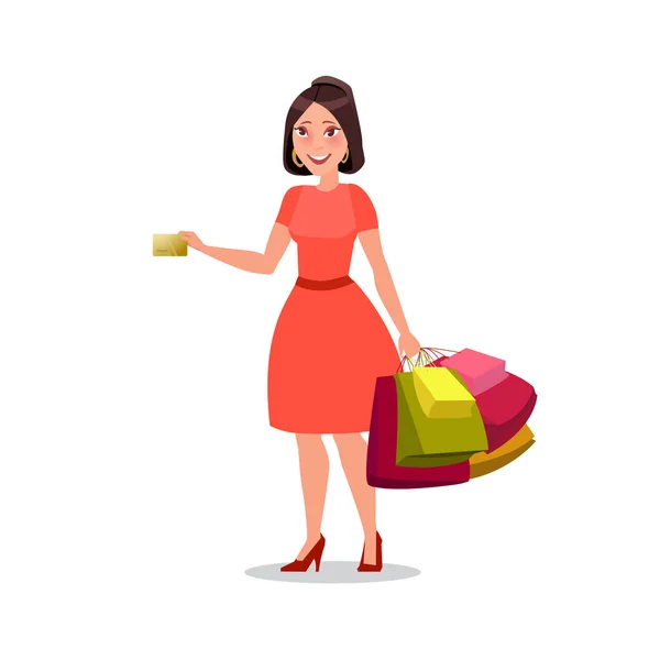 Feliz chica de compras o mujer con bolsas. Venta grande . — Vector de stock