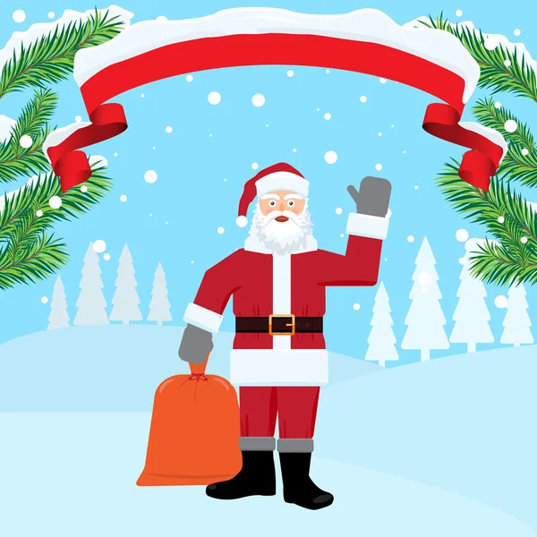 Fondo de paisaje de invierno de vacaciones con cinta roja y Santa Claus — Vector de stock