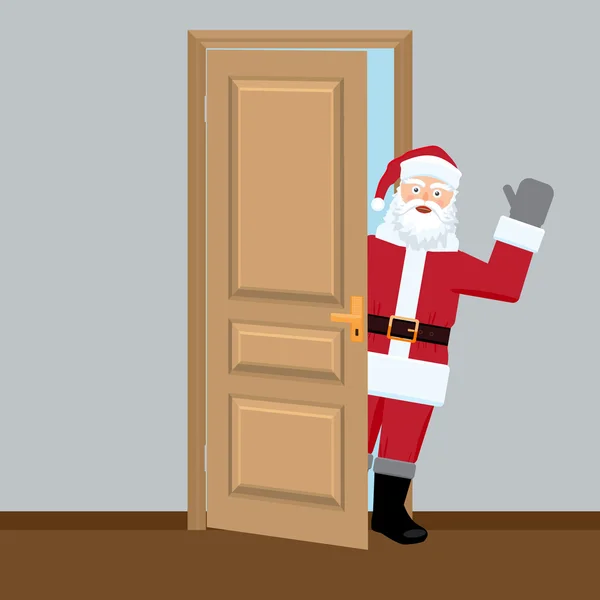 Santa en la puerta mirando y dándole la mano — Vector de stock